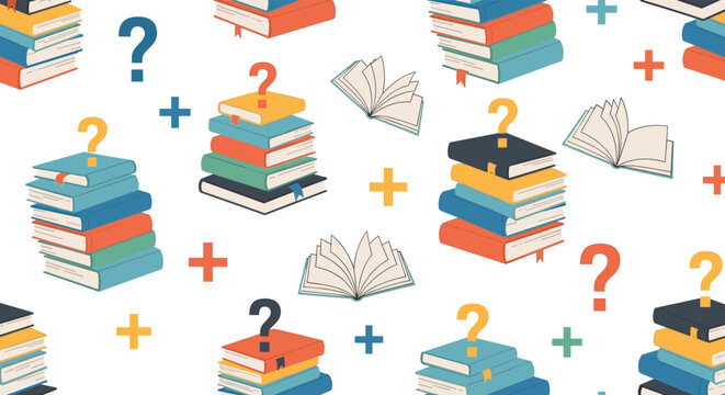 Seamless pattern of colorful stacks of books and open books with question marks and plus signs on plain white background.