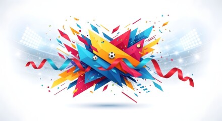 Obraz premium Abstract colorful background featuring geometric polygon shapes, dynamic ribbons, confetti, and soccer balls with a blurred stadium stadium lights backdrop isolated on white background
