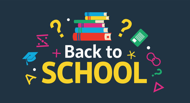 Back to school banner design with a stack of colorful books question marks and various school supplies on dark background.