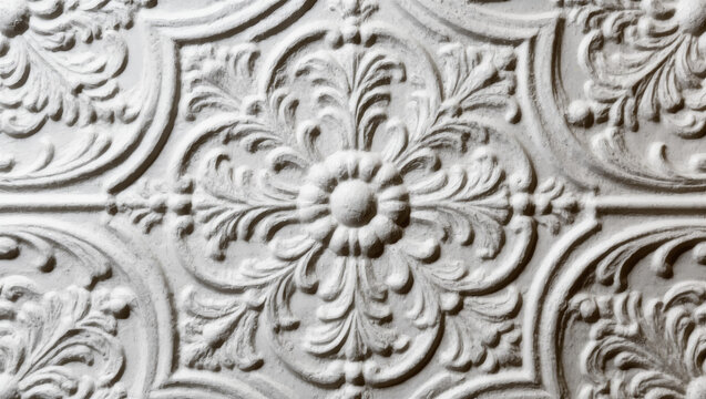  Pressed Tin Ceiling Tile Ornament Texture Macro, Victorian Architecture Pattern White Relief
