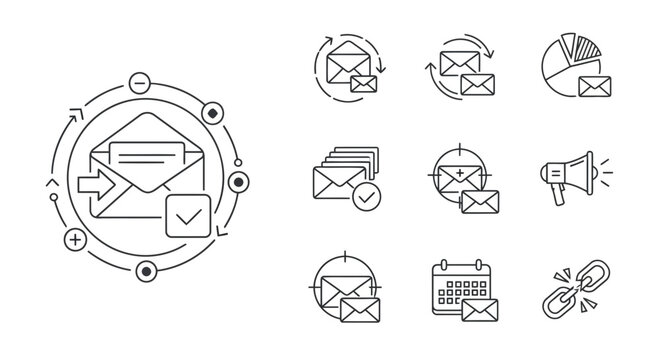 Email marketing and communication line icon set for digital business strategy.