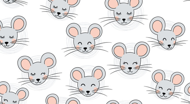 Seamless pattern of cute gray mouse faces with different happy expressions on white background for children textile design.