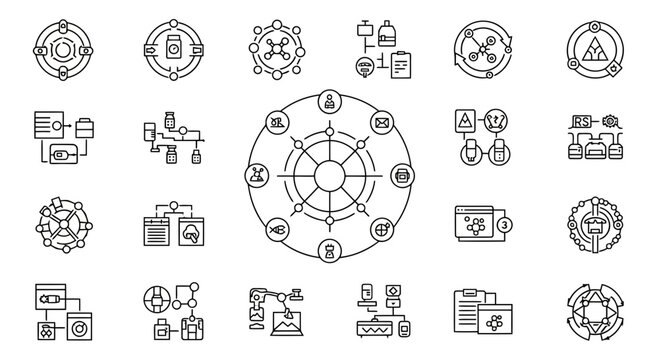 Abstract connection and data processing icons with circular flow and network elements.
