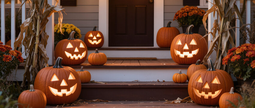 Festive front porch decorated with glowing carved jack o lanterns and autumn mums at dusk, cozy halloween home decor, editorial seasonal photography with copy space
