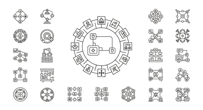 Corporate structure and central management line icon collection.