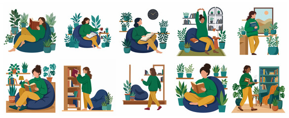 Fototapeta premium Collection of Vector Illustrations Featuring Women Reading, Relaxing on Bean Bags, and Enjoying a Cozy Home Interior Surrounded by Houseplants