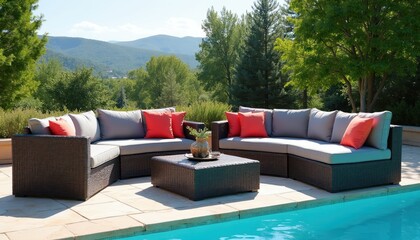 Obraz premium Modern outdoor sectional sofa with red cushions and coffee table sits by bright blue swimming pool. Comfortable patio furniture set offers poolside relaxation and scenic mountain views.