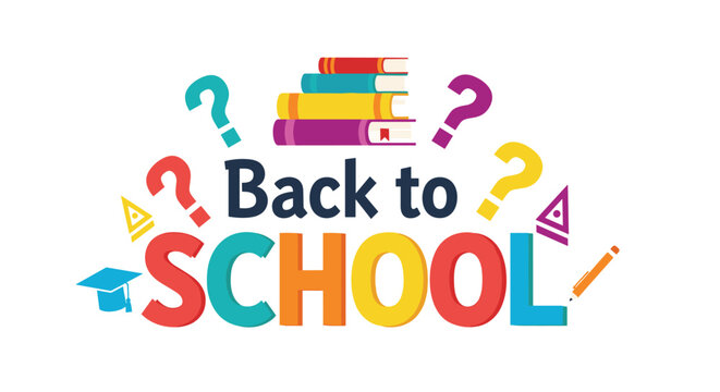 Back to school typography design with colorful letters stack of books and various educational icons on white background.