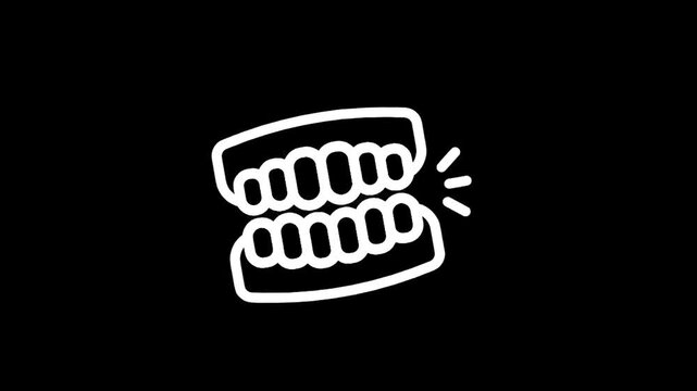 Simple white line art icon of teeth clenching on a black background
