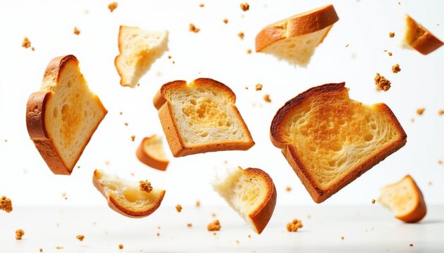Slices of toasted bread fly in air. Golden brown toast crumbs scatter on white surface. Morning breakfast food, bakery treat, carbohydrate snack.