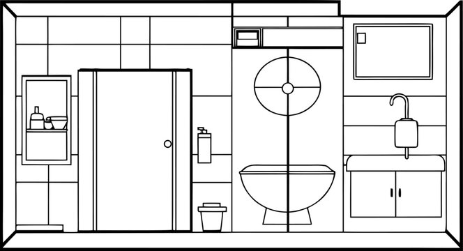 Black and white cad plan of compact bathroom layout with fixtures and furniture sink
