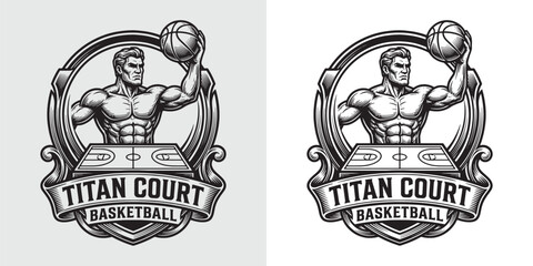 Fototapeta premium Titan Court Basketball Logo Featuring Muscular Player and Basketball Court