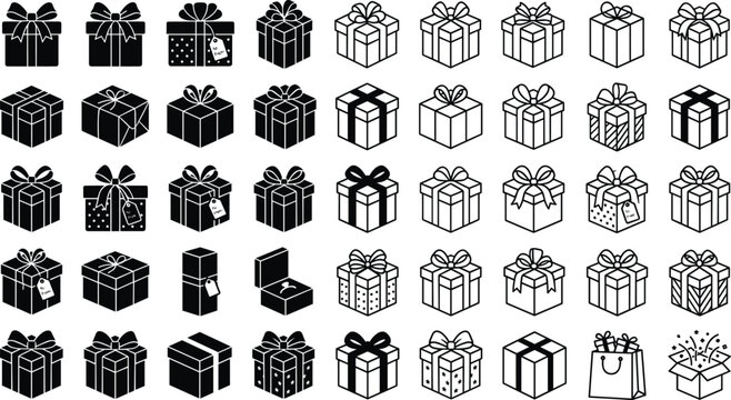 Gift box vector icons set featuring 3d isometric outline line and solid glyph style presents ribbons bows isolated,