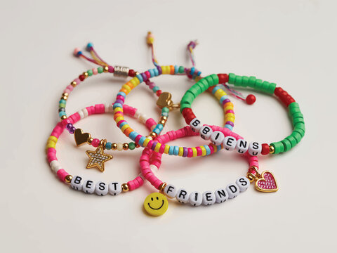 Colorful Beaded Bracelets with Best Friends Text and Charms