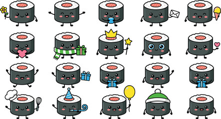Cute Japanese sushi roll character sticker set featuring funny maki food mascots in various celebratory festive and everyday lifestyle poses © MeheDi