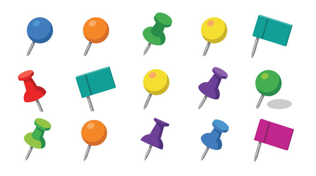 Colorful push pin set with shadows isolated on white