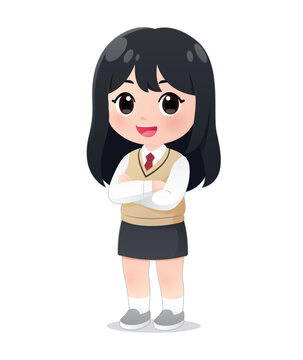 Cute cartoon illustration of a Korean high school girl in school uniform, standing confidently with crossed arms, large eyes, and friendly expression in flat vector style.