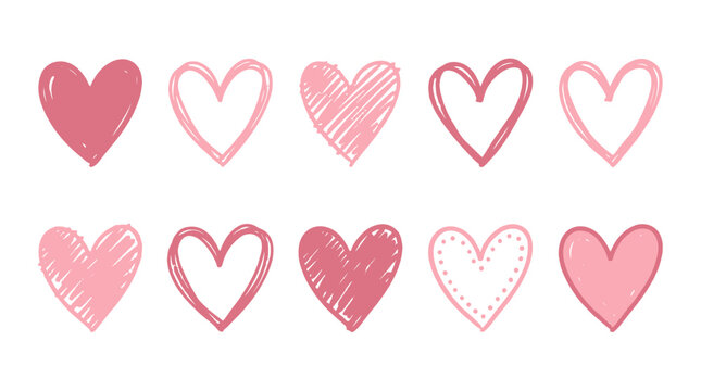 Set of pink hand drawn heart icons in different outline styles