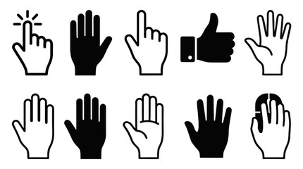 Fototapeta premium Hand gesture icon set with click pointer and palm silhouettes