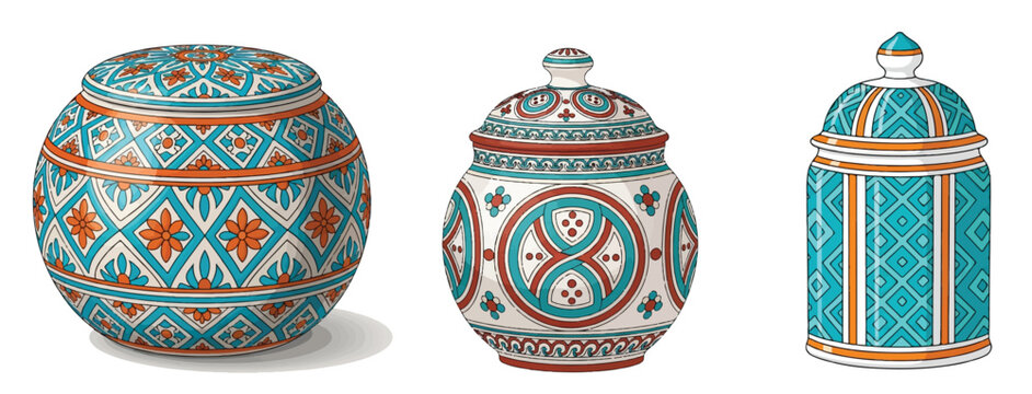 Set of Three Traditional Sicilian Ceramic Lidded Jars with Teal and Orange Geometric Patterns on White Background