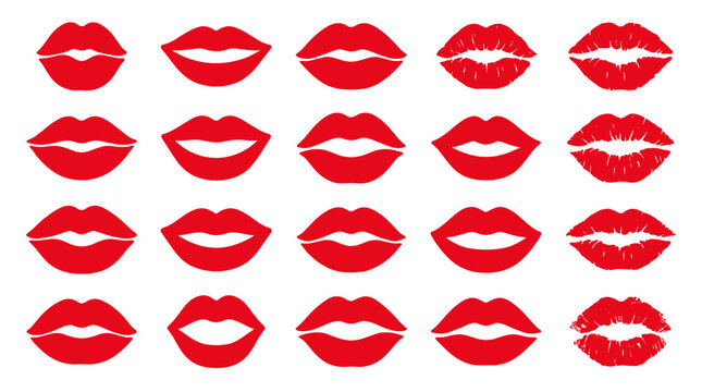 Set of red lips and lipstick kiss marks isolated on white