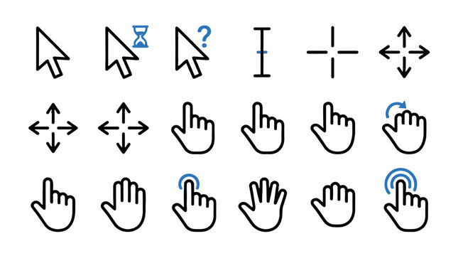Set of flat cursor and hand pointer icons with click symbols