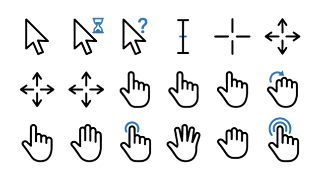 Set of flat cursor and hand pointer icons with click symbols