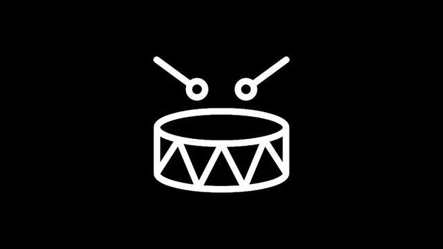 Simple white line art icon of a drum with drumsticks hitting it on a black background