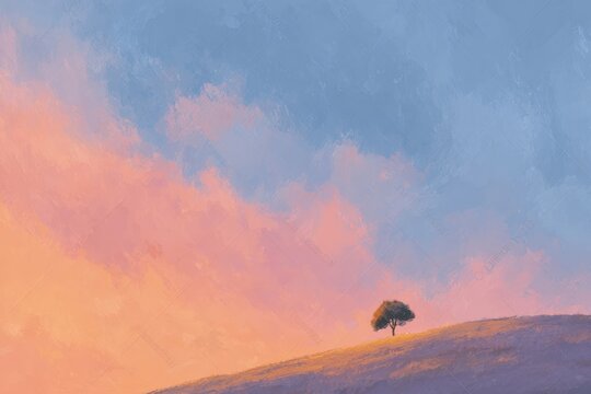 A lone tree standing atop a hill illuminated by the warm light of the setting sun. the sky is a deep blue with wispy white clouds scattered across the horizon.