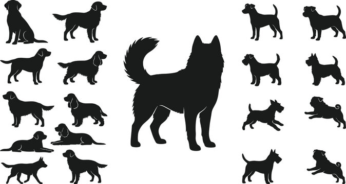 Collection of diverse dog silhouettes featuring popular breeds like husky labrador terrier and pug isolated on white background