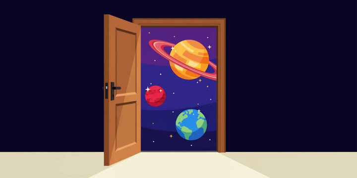Open Door to Outer Space with Planets and Saturn &ndash; Creative Concept Illustration on Dark Background