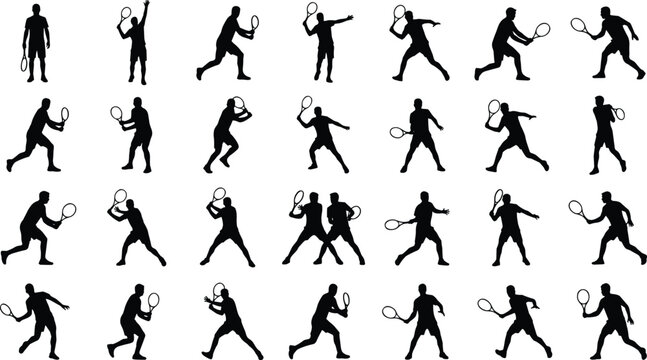 Large collection of black tennis player silhouettes performing various action poses and swings isolated on white background