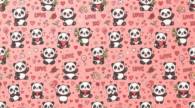 Cute Valentine Panda Pattern on Pink Background