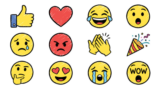Hand drawn emoji reaction icons set with faces and symbols