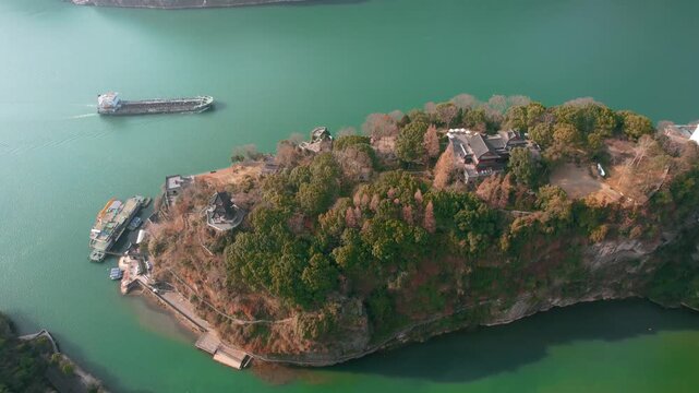 4K Top-down Aerial Shot of Sanyou Cave 4A Tourist Attraction in Yichang