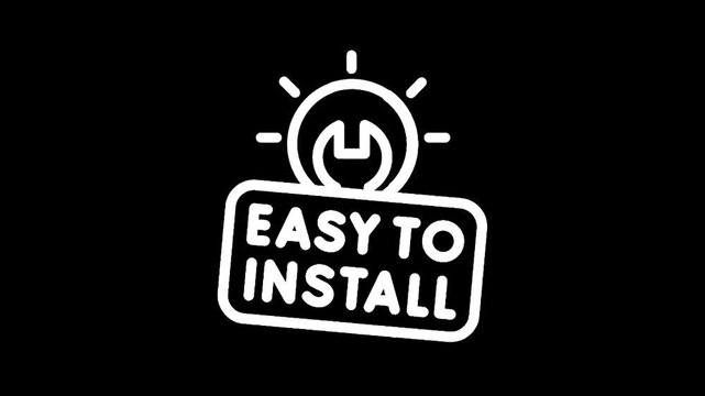 Simple white icon with text easy to install and wrench symbol on black background