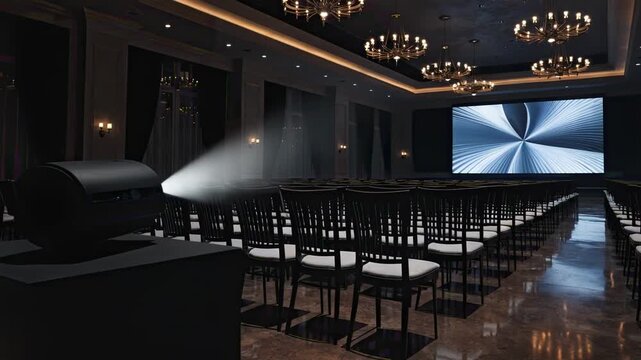 Medium shot of a sleek projector displaying a sharp branded slide in a dim hotel ballroom with rows of chairs arranged neatly for the upcoming IPO roadshow.