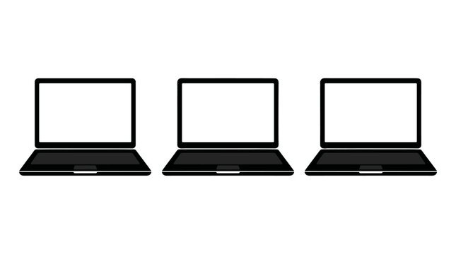 Three black laptop computers with blank screens isolated