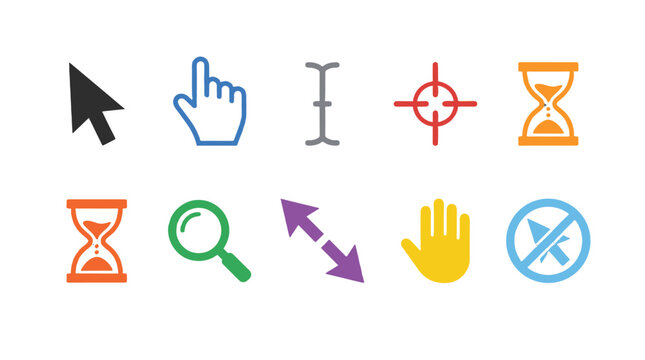 Set of colorful flat cursor and interface icons isolated