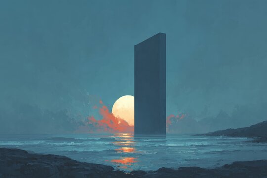 A tall tower standing in the middle of a body of water surrounded by rocks and illuminated by a sunset. the sky is a mix of vibrant oranges pinks and purples and the sun is setting in the background.