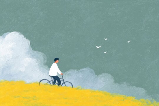 A man riding a bicycle through a field of yellow flowers with birds flying in the sky above him.