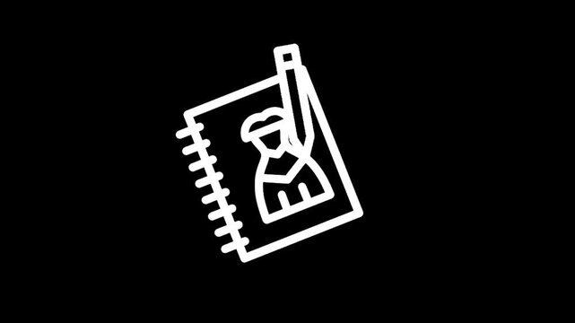 Simple line art icon of a notebook with a pencil and a person silhouette