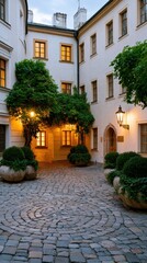 Naklejka premium Pedestrian street with decorative trees in planters between historic buildings, urban lifestyle, peaceful city scene, travel concept, public space.