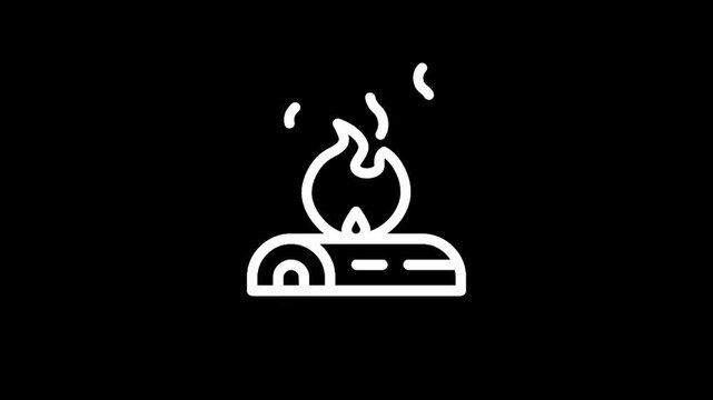 Simple line art icon of a campfire burning on logs against a black background