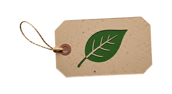Ecofriendly cardboard price tag with a green leaf cutout isolated on transparent background
