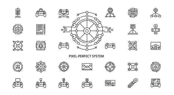 Pixel perfect system architecture and gaming hardware controller icons for software development.