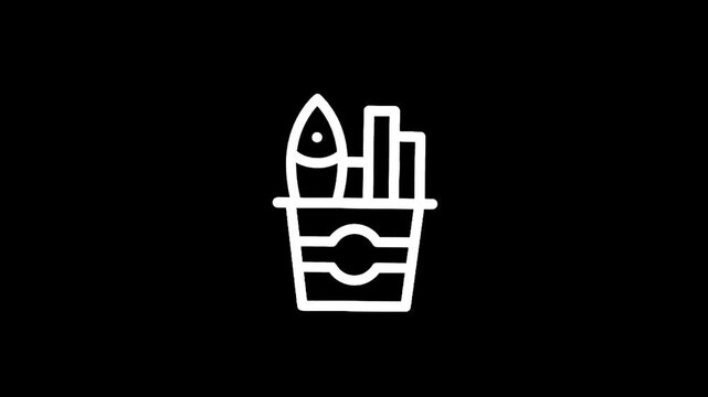 Simple line art icon of fish and chips in a takeaway container