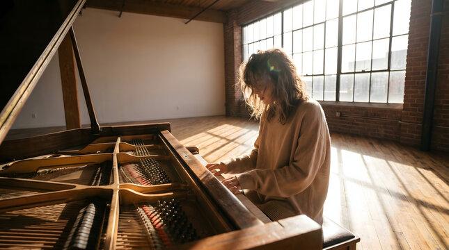 Intimate natural light photography of a young woman playing a vintage grand piano inside a sunlit wooden loft studio