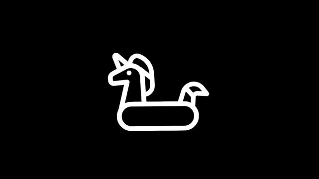 Simple white line art icon of a unicorn float on a black background