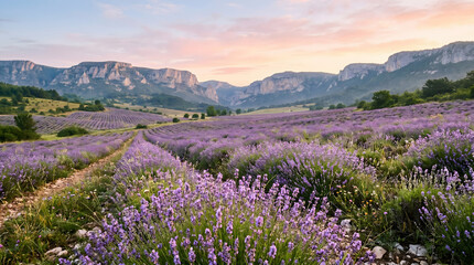 Fototapeta premium Beautiful lavender field in full bloom in a vast valley under a pastel pink and blue sunset sky